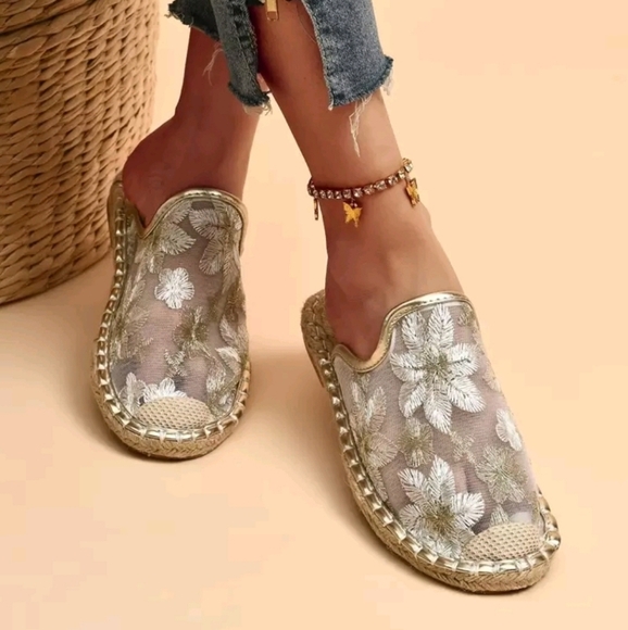 Shoes - Elegant Floral Embroidered Mesh SummerWomen's Espadrilles Slip On Shoes